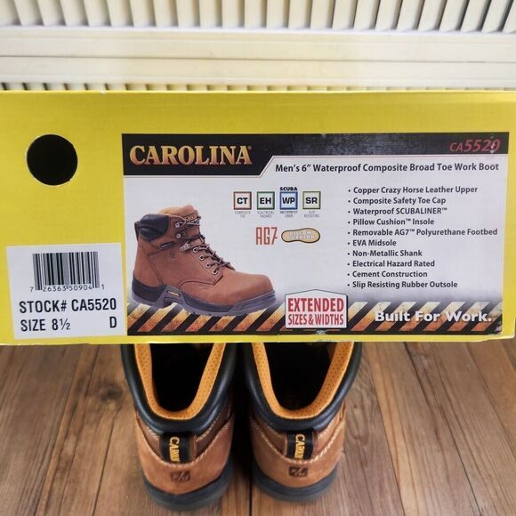 Carolina 6&quot; Waterproof Composite Broad Toe Work Boots CA5520 Mens Sz 8.5 D Brown